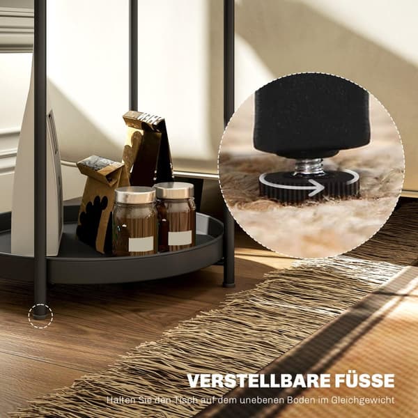 Sidebord, salongbord med 2 hyller, rundt salongbord, til stue, soverom, 44 x 44 x 56 cm, stål, svart