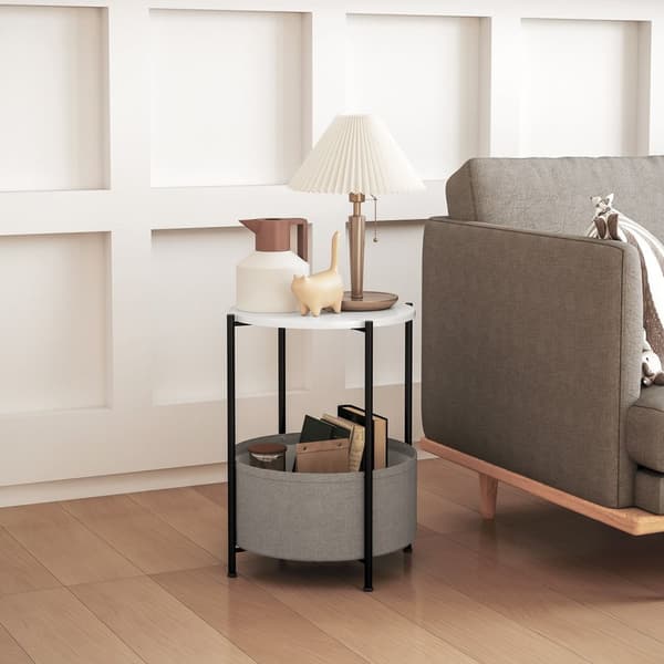 Sidebord, sofabord med stofkurv, rundt sofabord med opbevaringsplads, til stue, soveværelse, 44 x 44 x 56 cm, stål, grå + hvid