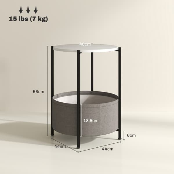 Sidebord, sofabord med stofkurv, rundt sofabord med opbevaringsplads, til stue, soveværelse, 44 x 44 x 56 cm, stål, grå + hvid