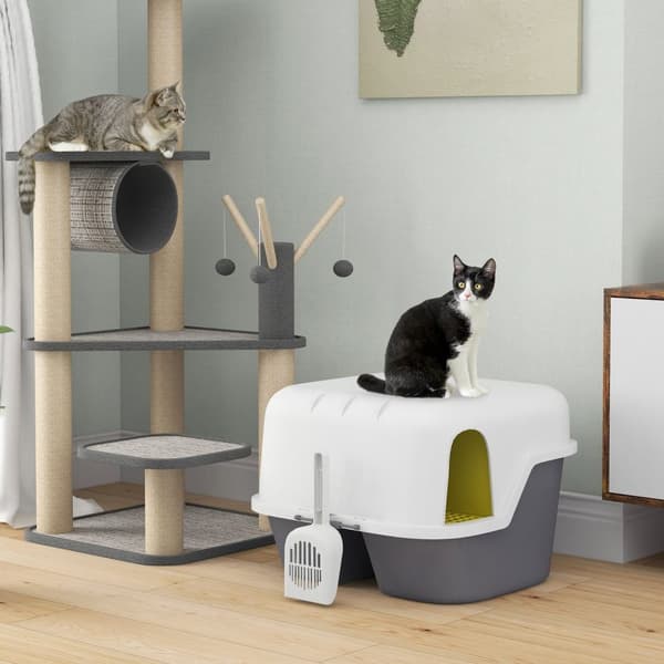 Kattetoilet med låg, kattebakke med sigte, øse, lukket kattetoilethus til små katte under 3,5 kg, indendørs, plastik, cremehvid