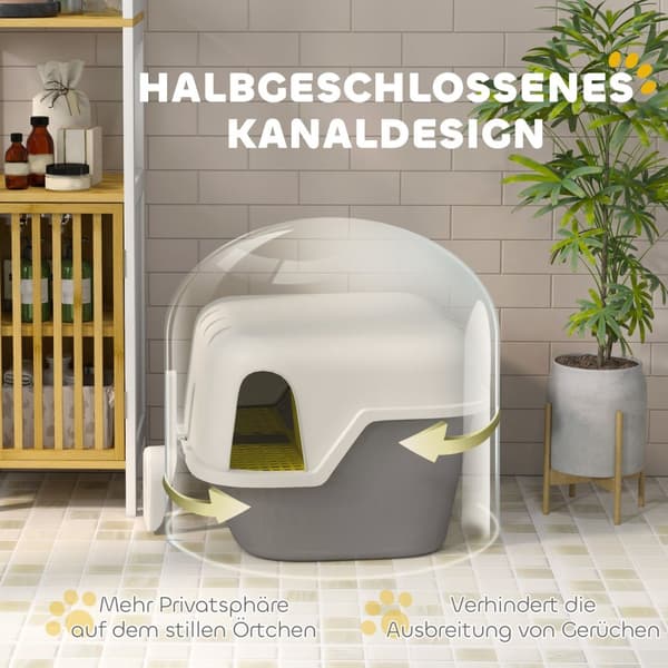 Kattetoilet med låg, kattebakke med sigte, øse, lukket kattetoilethus til små katte under 3,5 kg, indendørs, plastik, cremehvid