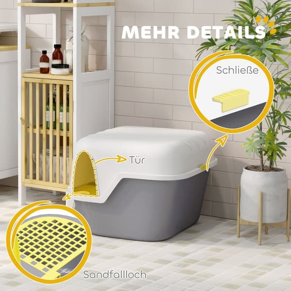 Kattetoilet med låg, kattebakke med sigte, øse, lukket kattetoilethus til små katte under 3,5 kg, indendørs, plastik, cremehvid