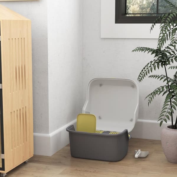 Kattetoilet med låg, kattebakke med sigte, øse, lukket kattetoilethus til små katte under 3,5 kg, indendørs, plastik, cremehvid