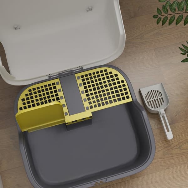 Kattetoilet med låg, kattebakke med sigte, øse, lukket kattetoilethus til små katte under 3,5 kg, indendørs, plastik, cremehvid
