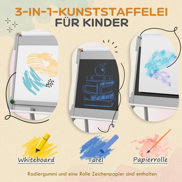 3-in-1 lasten liitutaulu, kaksipuolinen lasten maalausteline liitutaululla, valkotaulu, maalausteline ja pyyhekumi, piirustuspaperi, säilytyslaatikot,