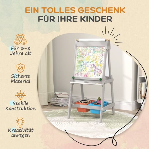 3-in-1 lasten liitutaulu, kaksipuolinen lasten maalausteline liitutaululla, valkotaulu, maalausteline ja pyyhekumi, piirustuspaperi, säilytyslaatikot,