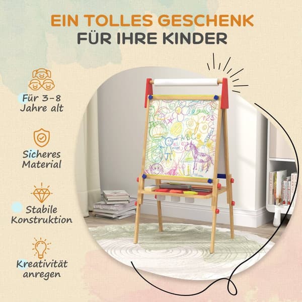 3-i-1 barntavla höjdjusterbar, dubbelsidigt barnstafli med hylla, staffli med målarkopp, suddgummi, ritpapper, för barn 3-8 år, naturligt trä