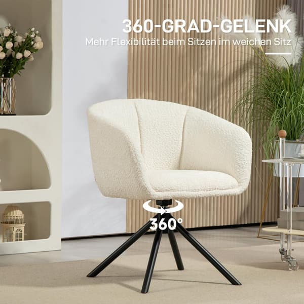 Lænestol loungestol med armlæn, 360° drejefunktion, hørlook, drejestol med metalben, til stue, soveværelse, cremehvid