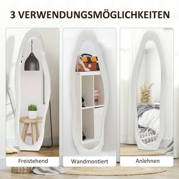 Fuld længde spejl 50 x 160 cm stående spejl med fløjl rammebetræk, uregelmæssig bølget vægspejl til soveværelse, stue, hvid
