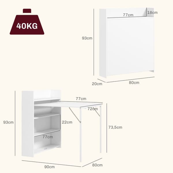 Spisebord klapkøkkenbord med 4-lags hylder til 3 personer, klapbord med anti-tip beskyttelse til små rum, køkken, spisestue, 80 x 90 x 93 cm, hvid