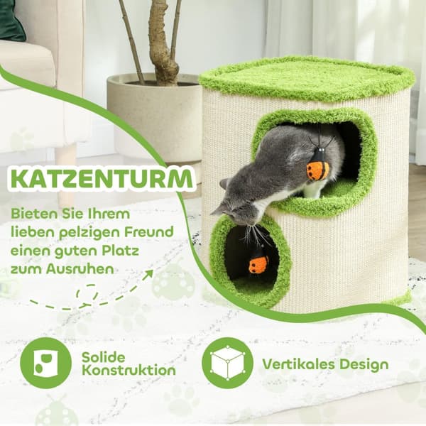 Kradsetønde, 52 cm høj, kattetønde med 2 huler, kradsestolpe med mariehønelegetøj, kattetårn af sisal, til katte op til 5 kg, grøn + cremehvid