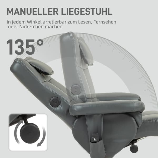 Avslappningsstol med liggfunktion, massagestol med pall och förvaringsutrymme, TV-stol med sidficka, konstläder, 78 x 86 x 93 cm, mörkgrå