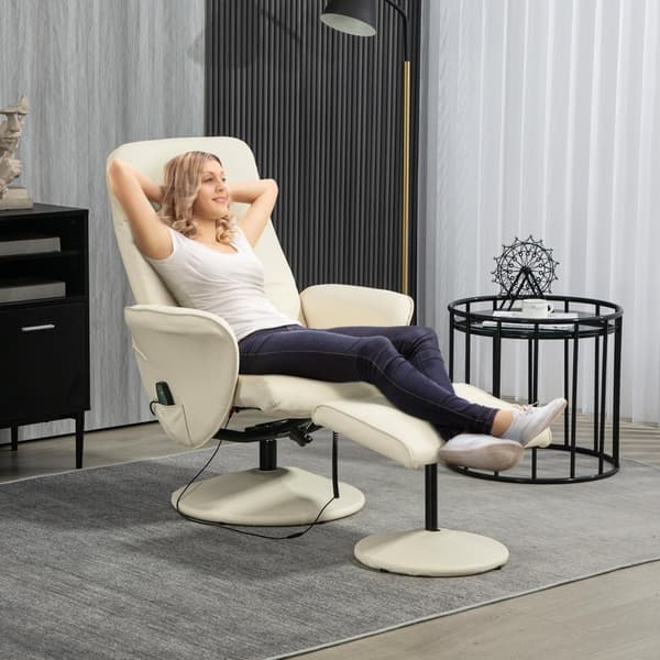 Avslappningsstol med fotpall, elektrisk massagestol med liggfunktion, 10 massagepunkter, roterande TV-stol med sidficka, fjärrkontroll, konstläder, kr
