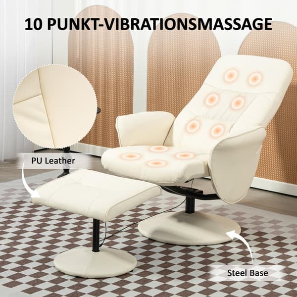 Avslappningsstol med fotpall, elektrisk massagestol med liggfunktion, 10 massagepunkter, roterande TV-stol med sidficka, fjärrkontroll, konstläder, kr