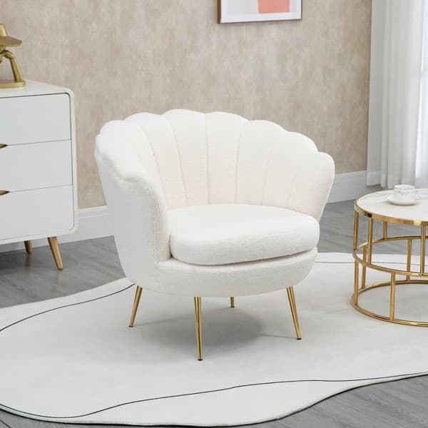 Klädd fåtölj i skalform, fåtölj, relaxfåtölj med metallben, dressingstol med fleecelook, för sovrum, vardagsrum, vit