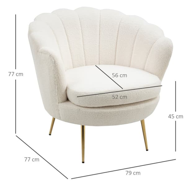 Klädd fåtölj i skalform, fåtölj, relaxfåtölj med metallben, dressingstol med fleecelook, för sovrum, vardagsrum, vit