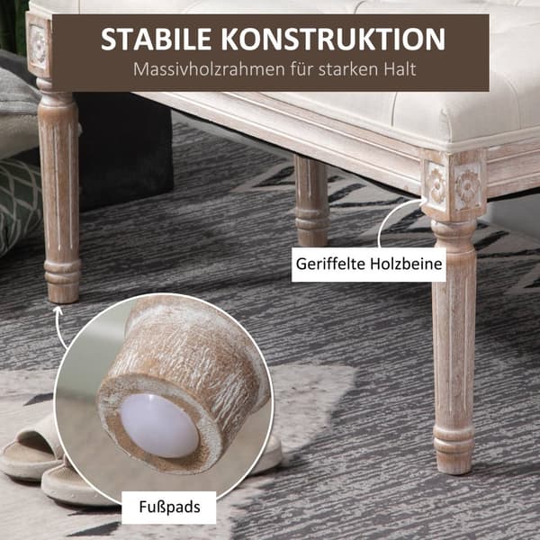Krakk, polstret benk med linlook, fotskammel med polstret sete, treben, ottomansk fotstøtte i tre, for stue, soverom, kremhvit