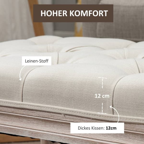Krakk, polstret benk med linlook, fotskammel med polstret sete, treben, ottomansk fotstøtte i tre, for stue, soverom, kremhvit