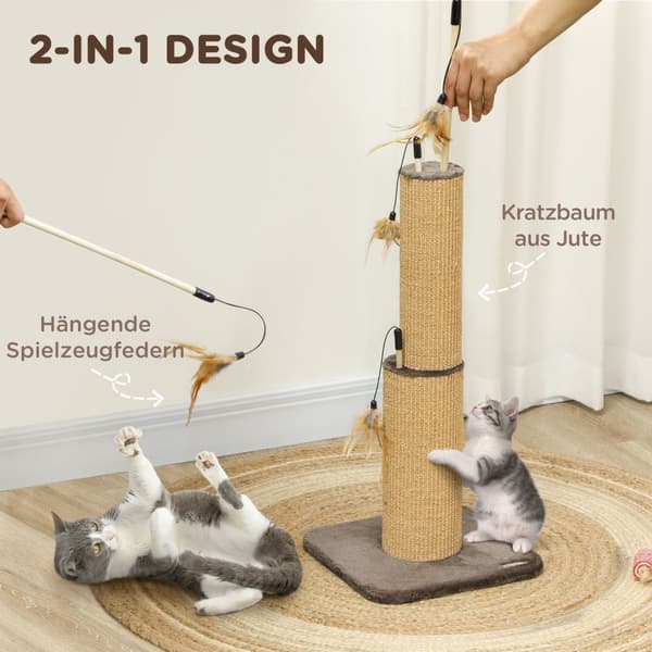 2-i-1 skrapestolpe, 78 cm skrapestolpe, klodestolpe i jute med fjær, skrapestolpe for katter, skrapemøbler for katter, innendørs, brun
