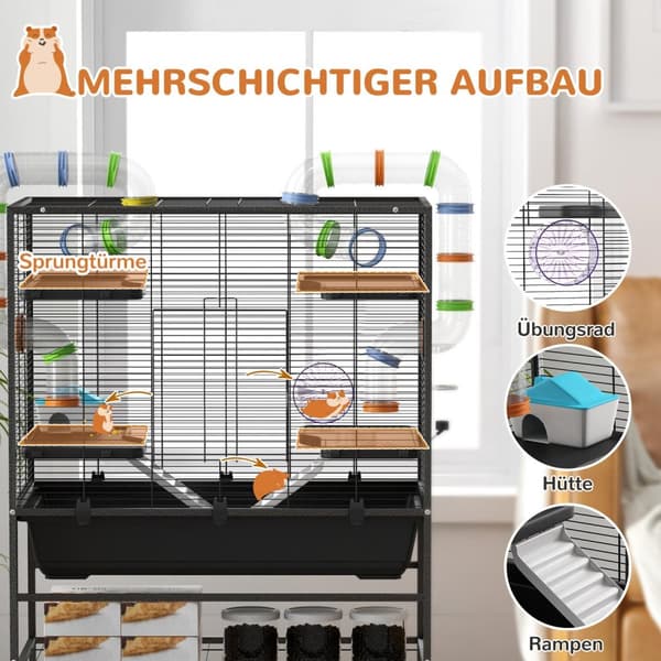 Hamsterihäkki Jyrsijähäkki pyörillä, putket, hylly, rampit, pyörä, ruokakulho, vesipullo, marsuhäkki gerbiileille, syyrialaishamstereille, musta