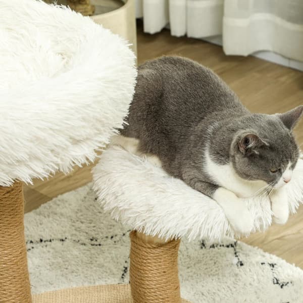 Klapstolpe 61,5 cm hög kattskrapstolpe med lekboll, sängar, katttorn med kattskrapbräda, för katter under 5 kg, päronträ, vit