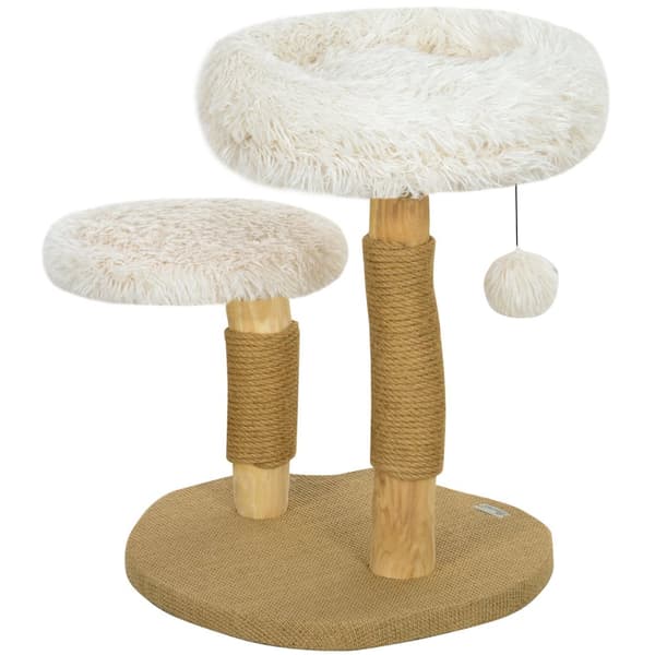 Klapstolpe 61,5 cm hög kattskrapstolpe med lekboll, sängar, katttorn med kattskrapbräda, för katter under 5 kg, päronträ, vit
