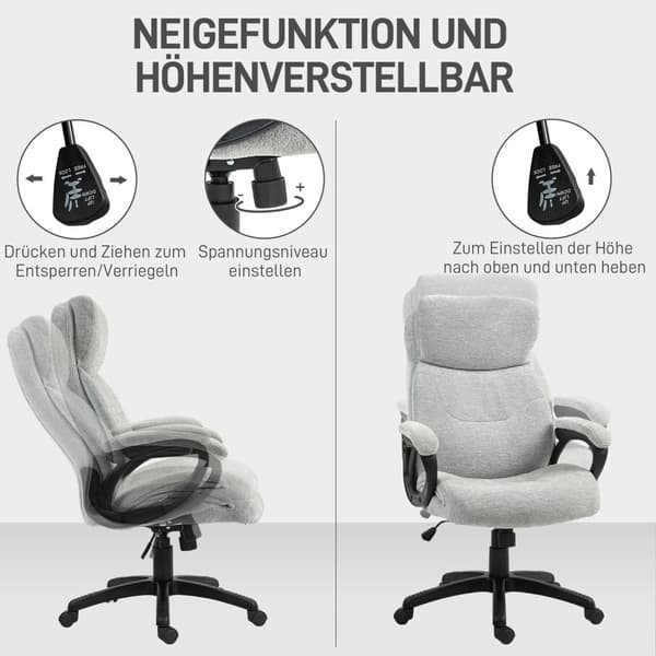 Kontorsstol med vippfunktion, ergonomisk skrivbordsstol, höj- och sänkbar snurrstol, vadderad, rymmer upp till 120 kg, för kontor, arbetsrum, ljusgrå