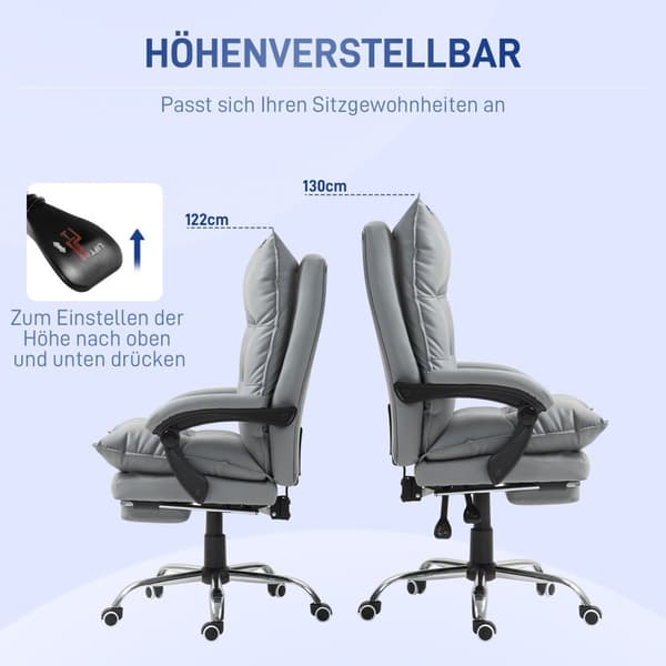 Kontorstol med lænefunktion, ergonomisk skrivebordsstol, højdejusterbar drejestol med fodstøtte, polstret, kan holde op til 135 kg, til kontor, arbejd