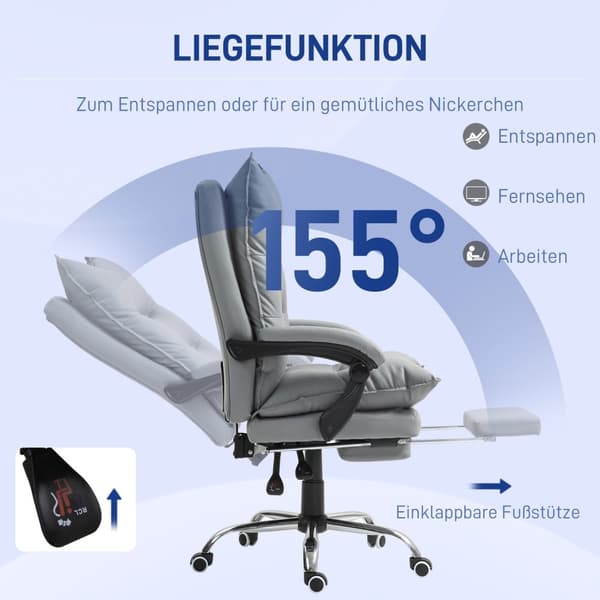 Kontorstol med lænefunktion, ergonomisk skrivebordsstol, højdejusterbar drejestol med fodstøtte, polstret, kan holde op til 135 kg, til kontor, arbejd