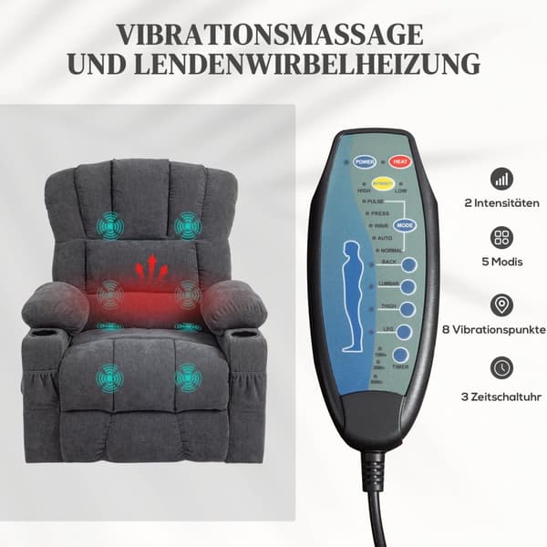 TV-nojatuoli seisontatuella, sähköinen lepotuoli makuu-, lämmitys- ja hierontatoiminnoilla, TV-nojatuoli Type-C- ja USB-liitännöillä, mukiteline, tumm