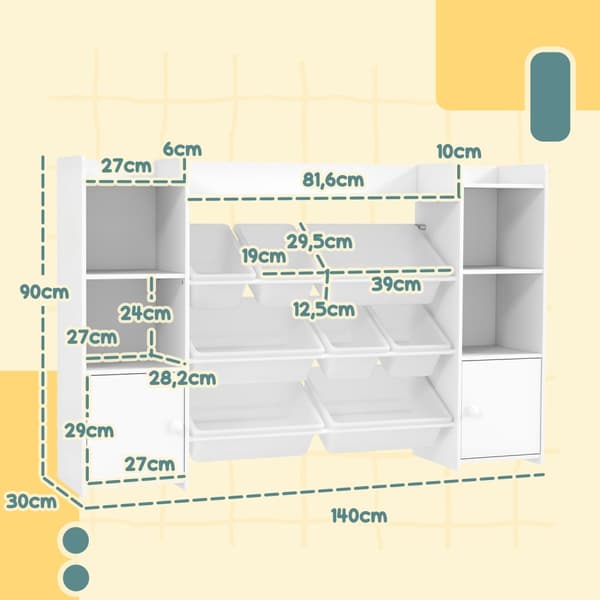 Barnehylle lekehylle med 8 uttakbare bokser, 4 åpne rom, 2 skaprom, barnebokhylle til barnerom, barnehage, 140 x 30 x 90 cm, hvit