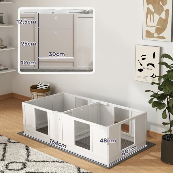 Valpeboks for valper, valpeløp med vanntett og vaskbar matte, justerbar dør, lekegrind med 2 rom design for små hunder, 164 x 80 x 48 cm, hvit