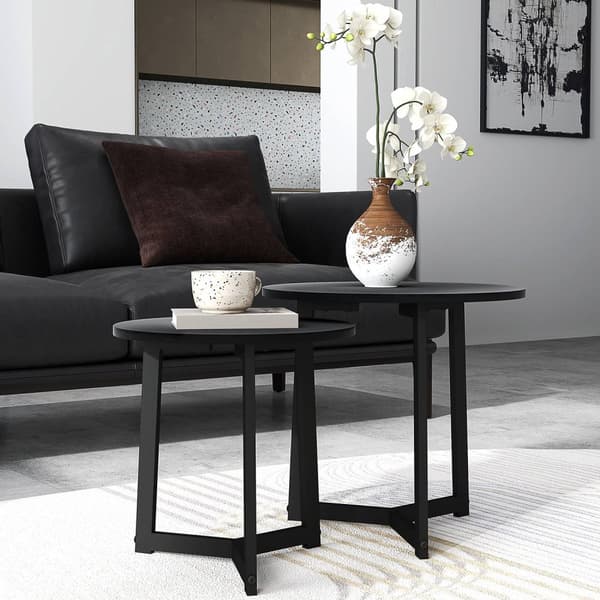Sett med 2 salongbord, runde sidebord, salongbord med stålramme, sofabord i moderne design, til stue, bæreevne opptil 35 kg, svart