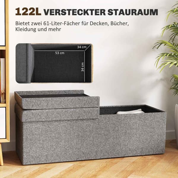Benk med oppbevaringsplass, sammenleggbar polstret benk med separate beholdere, sengebenk med linlook, setekiste for gang, soverom, stue, 110 x 38 x 3