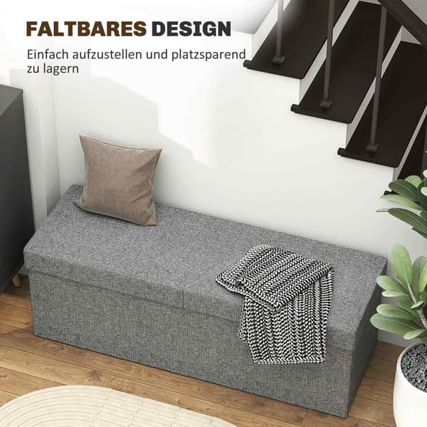 Benk med oppbevaringsplass, sammenleggbar polstret benk med separate beholdere, sengebenk med linlook, setekiste for gang, soverom, stue, 110 x 38 x 3