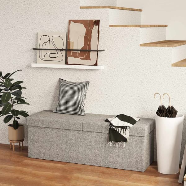 Benk med oppbevaringsplass, sammenleggbar polstret benk med separate beholdere, sengebenk med linlook, setekiste for gang, soverom, stue, 110 x 38 x 3