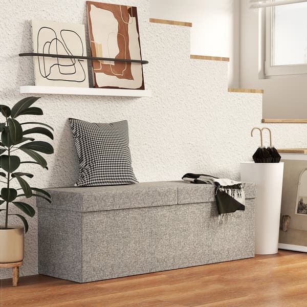 Benk med oppbevaringsplass, sammenleggbar polstret benk med separate beholdere, sengebenk med linlook, setekiste for gang, soverom, stue, 110 x 38 x 3