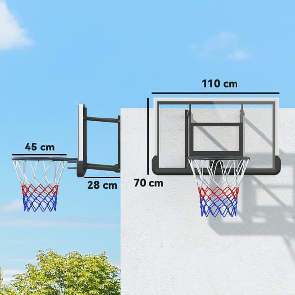 Basketballring med bagvæg til udendørs & indendørs, basketballbræt med Ø45 cm stålring og net, vægmontering, basketballbræt til voksne, sort