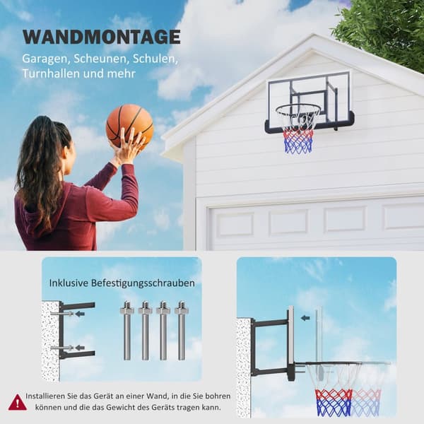 Basketballring med bagvæg til udendørs & indendørs, basketballbræt med Ø45 cm stålring og net, vægmontering, basketballbræt til voksne, sort