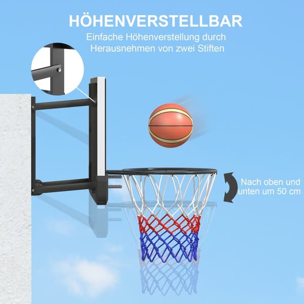 Basketballring med bagvæg til udendørs & indendørs, basketballbræt med Ø45 cm stålring og net, vægmontering, basketballbræt til voksne, sort