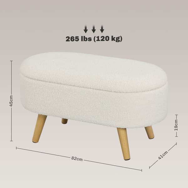 Bænk med opbevaringsplads, polstret bænk med låg, sengebænk med teddy-fløjlslook, til entre, soveværelse, stue, træramme 82 x 41 x 45 cm hvid