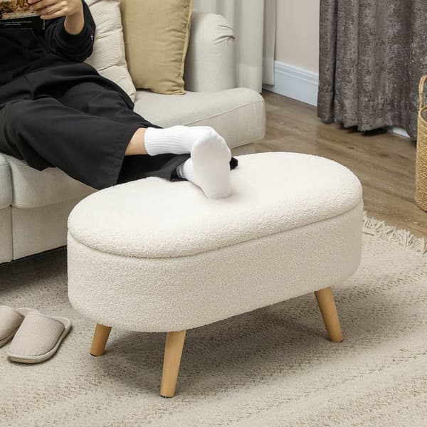 Bænk med opbevaringsplads, polstret bænk med låg, sengebænk med teddy-fløjlslook, til entre, soveværelse, stue, træramme 82 x 41 x 45 cm hvid