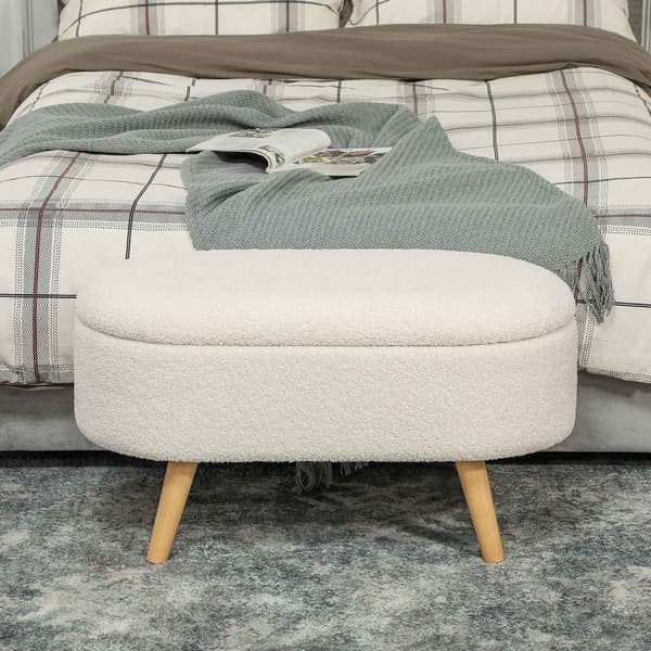 Bænk med opbevaringsplads, polstret bænk med låg, sengebænk med teddy-fløjlslook, til entre, soveværelse, stue, træramme 82 x 41 x 45 cm hvid
