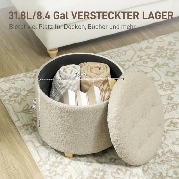 Bänk med förvaringsutrymme, stoppad bänk med lock, sängbänk med kashmirlook, för hall, sovrum, vardagsrum, trästomme Ø45 x 41 cm krämvit