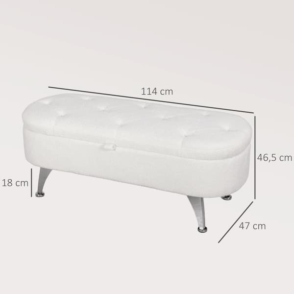 Benk med oppbevaringsplass, polstret benk med lokk, sengebenk med teddy fløyelslook, for gang, soverom, stue, metallramme 114 x 47 x 46,5 cm hvit