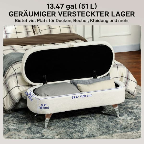 Benk med oppbevaringsplass, polstret benk med lokk, sengebenk med teddy fløyelslook, for gang, soverom, stue, metallramme 114 x 47 x 46,5 cm hvit
