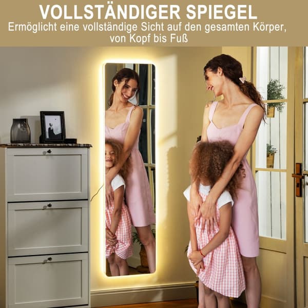Helkroppsspegel, 150 x 40 cm stående spegel med LED-belysning, 3 ljusfärger, väggspegel med stativ, pekbrytare för sovrum, vardagsrum, transparent