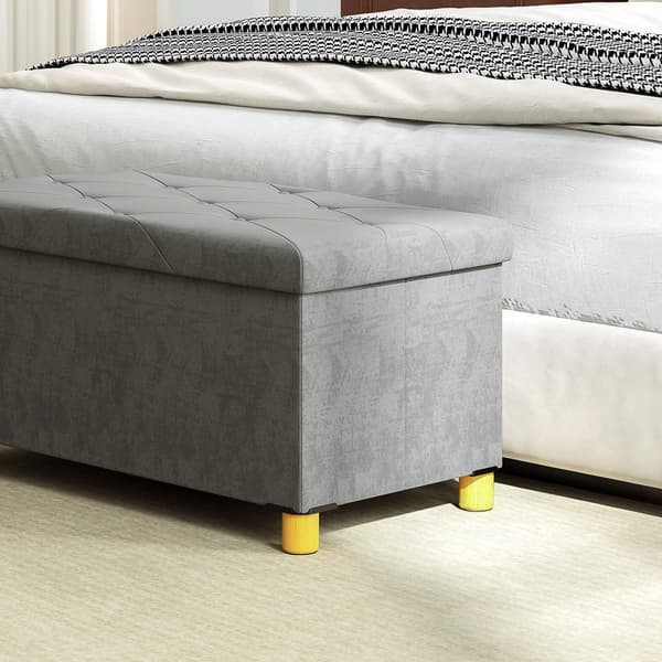 Benk med oppbevaringsplass, sammenleggbar polstret benk, sengebenk med fløyelslook, setekiste for gang, soverom, stue, 76 x 38 x 38 cm grå