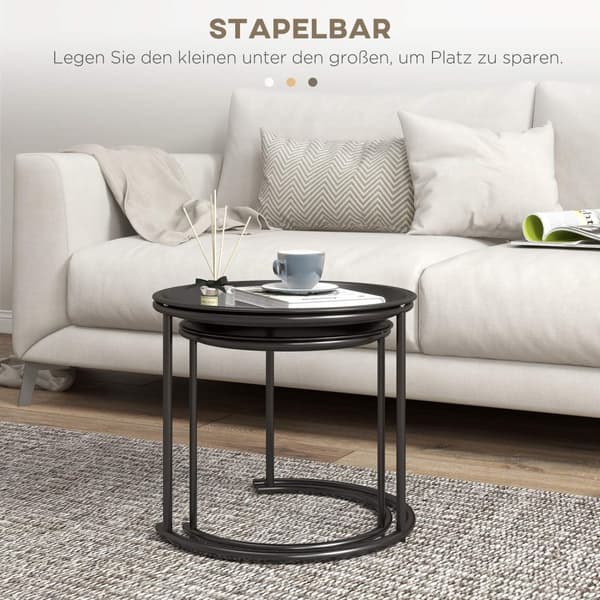 Set med 2 soffbord, runda sidobord, stapelbart vardagsrumsbord, soffbord för vardagsrum, sovrum, hall, stål, Ø43/35 cm, svart