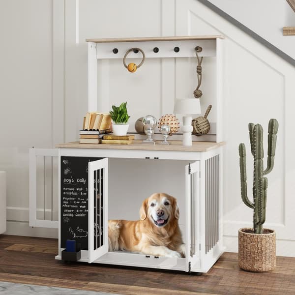 Hjemme hundebur Hundebur med 3 døre Legetøjsstativ Hundehus med kroge Skrivebræt viskelæder til store hunde Hvid